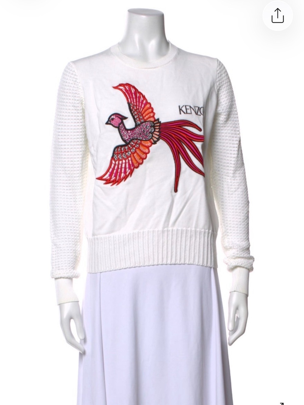 KENZO White Pullover Sweater with Embroidered Red-Pink Bird and Knit sleeves